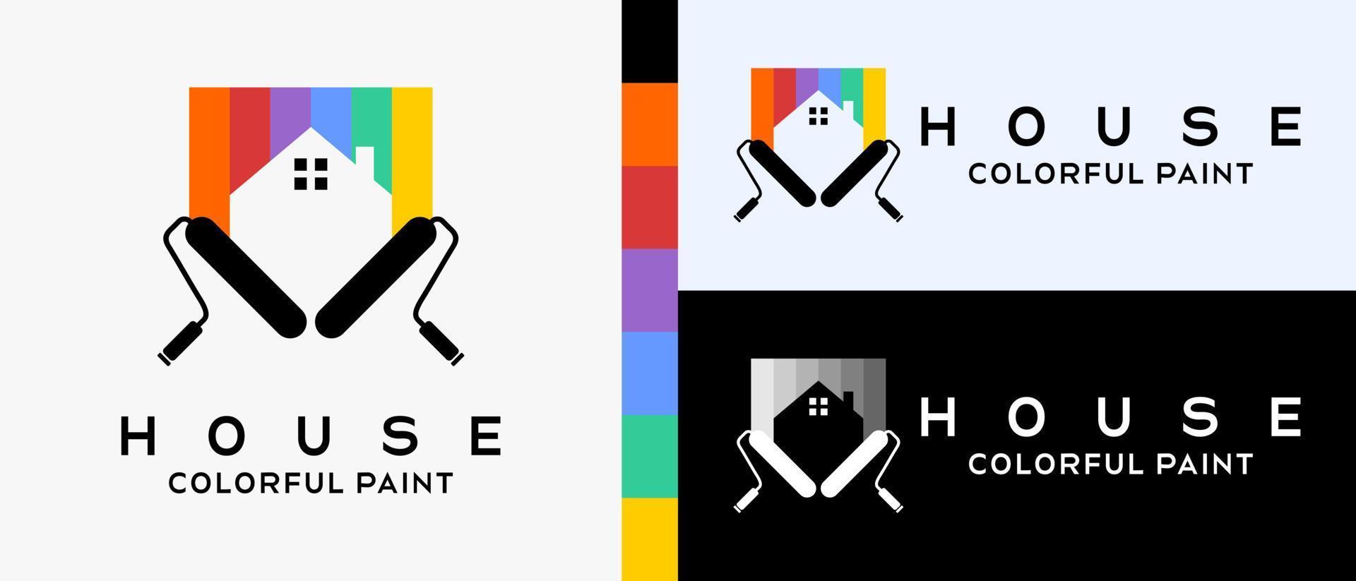 cool building paint logo design template. two brush roll with silhouette and brush stroke with rainbow color concept. logo illustration for wall or building paint. Premium Vector
