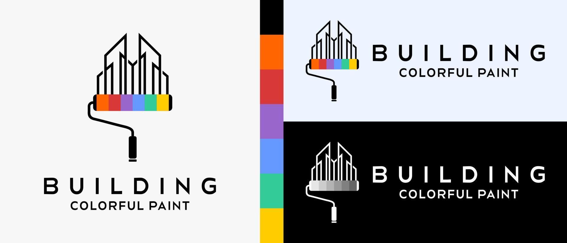 cool building paint logo design template. roller paint brush and building with line concept. logo illustration for wall or building paint. Premium Vector