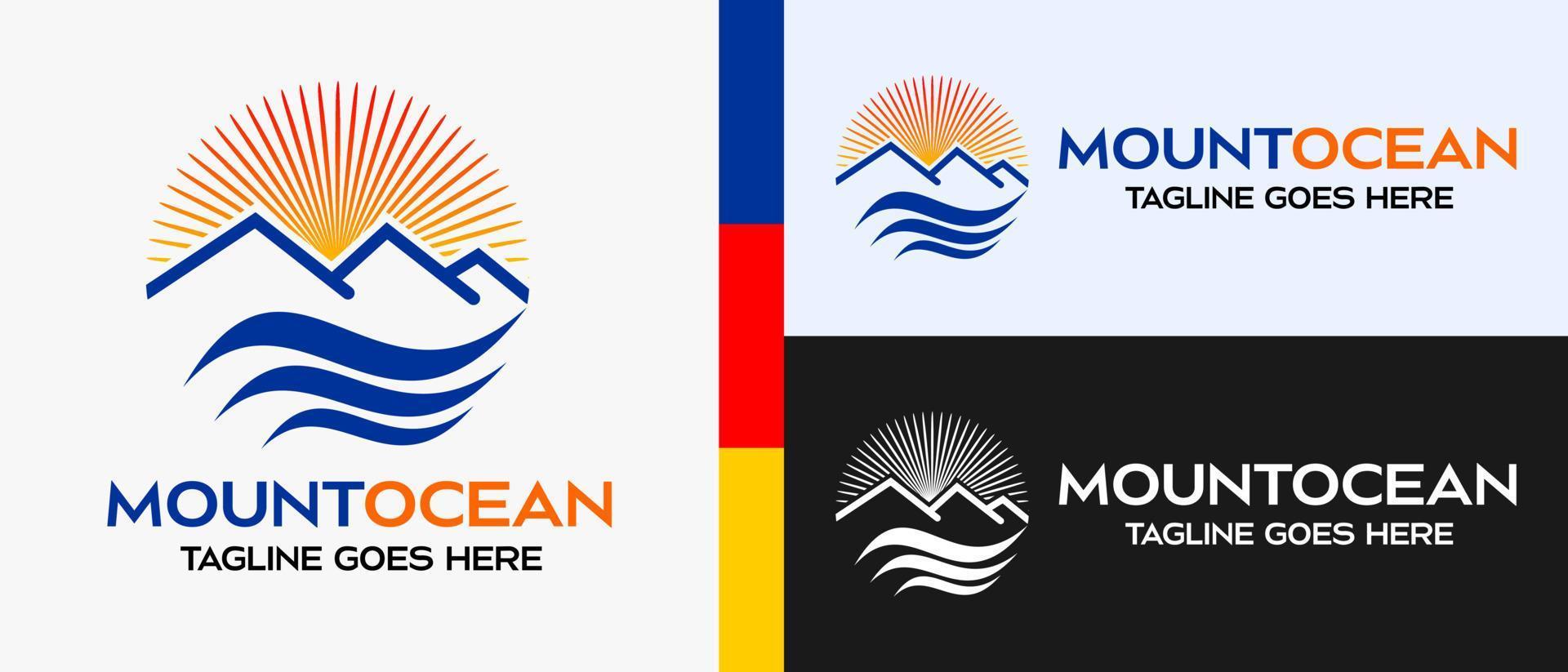 plantilla de logotipo de diseño de montañas y mar. icono de montaña, icono de sol, icono de mar o lago en un círculo. Ilustración de vector de logotipo al aire libre.