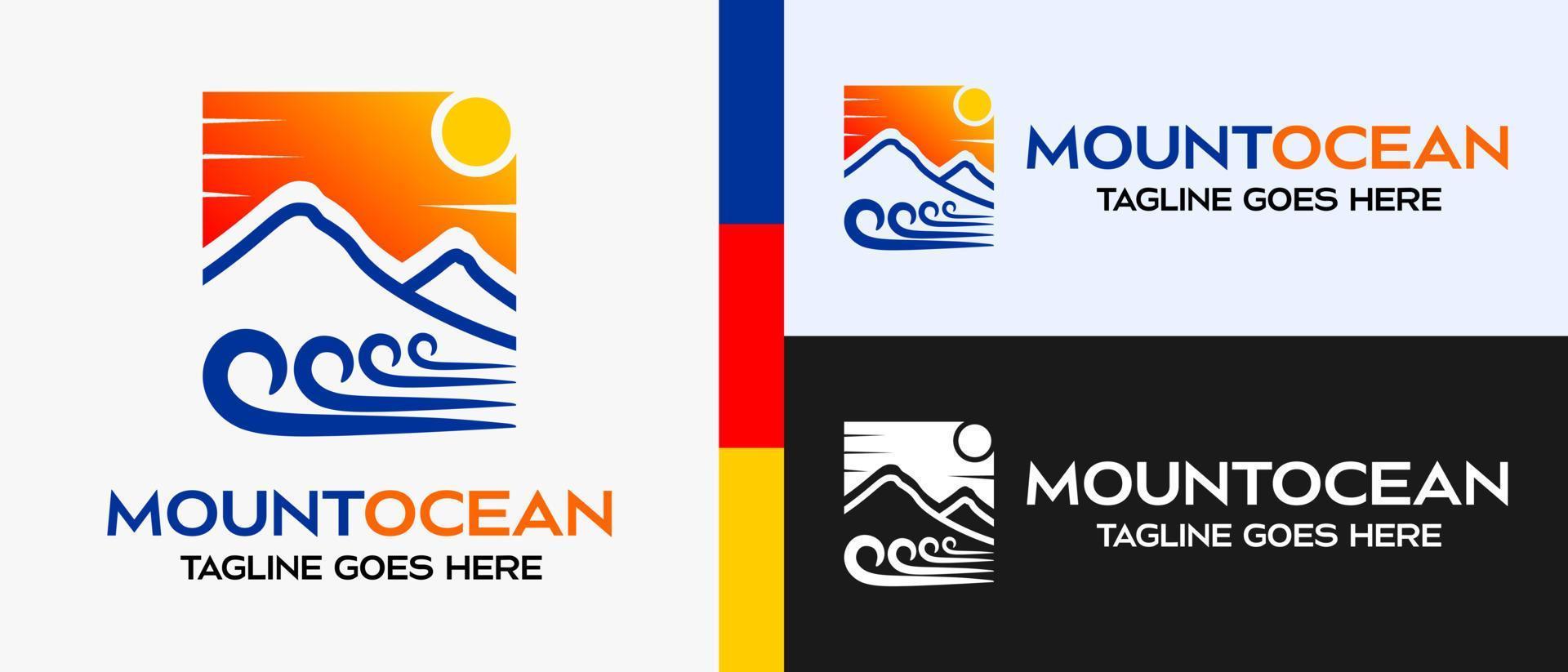 Mountains and sea design logo template. mountain and sea or lake icon in a box. outdoor logo vector illustration.