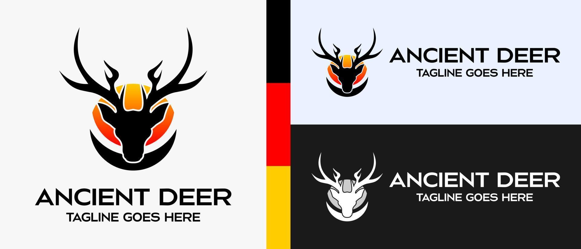 deer head logo design template in silhouette with sun and crescent icon. vector illustration