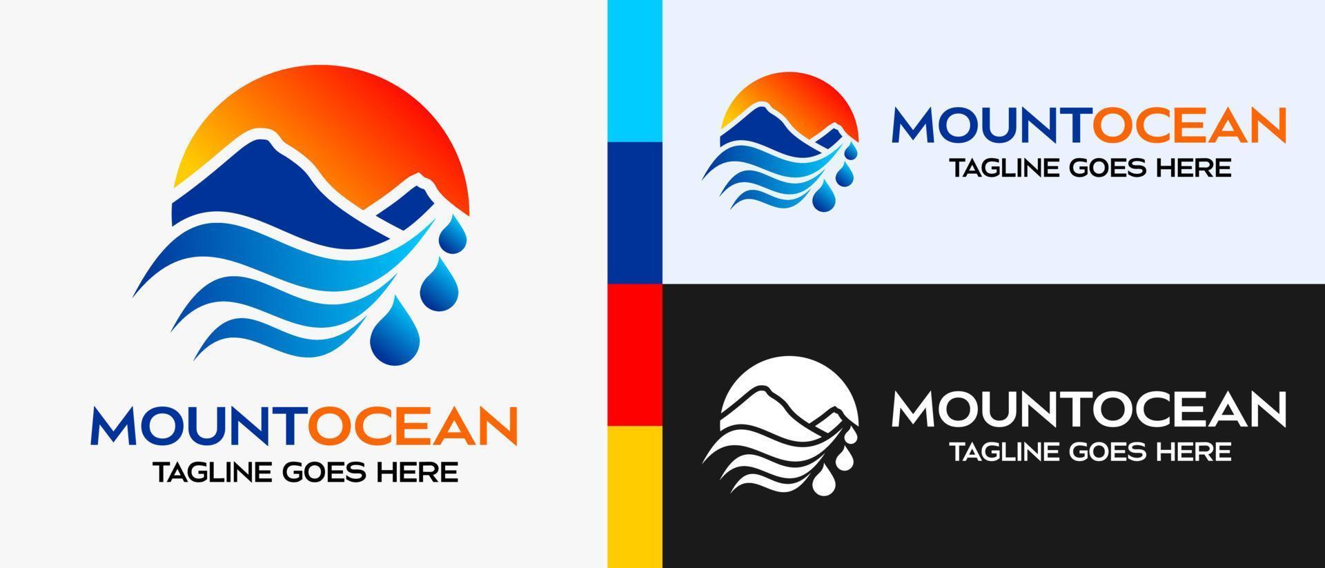 plantilla de logotipo de diseño de montañas y mar. ícono de montañas y mar o lago en un círculo. Ilustración de vector de logotipo al aire libre.