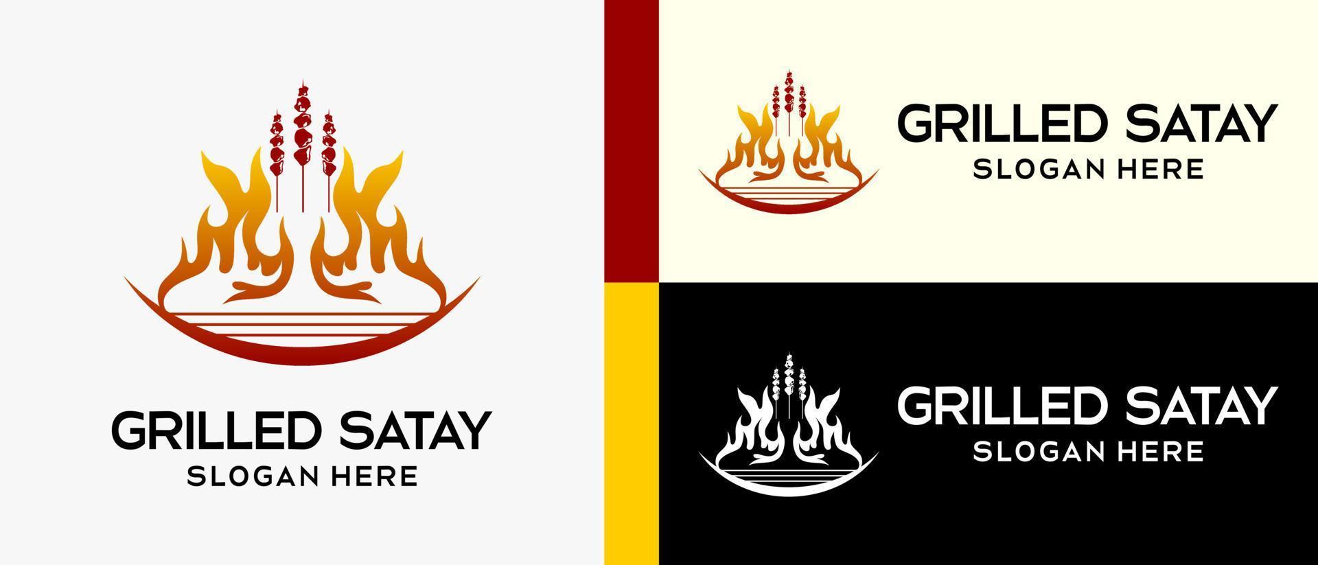 satay logo design template with fire and grill element concept. creative vector logo illustration.