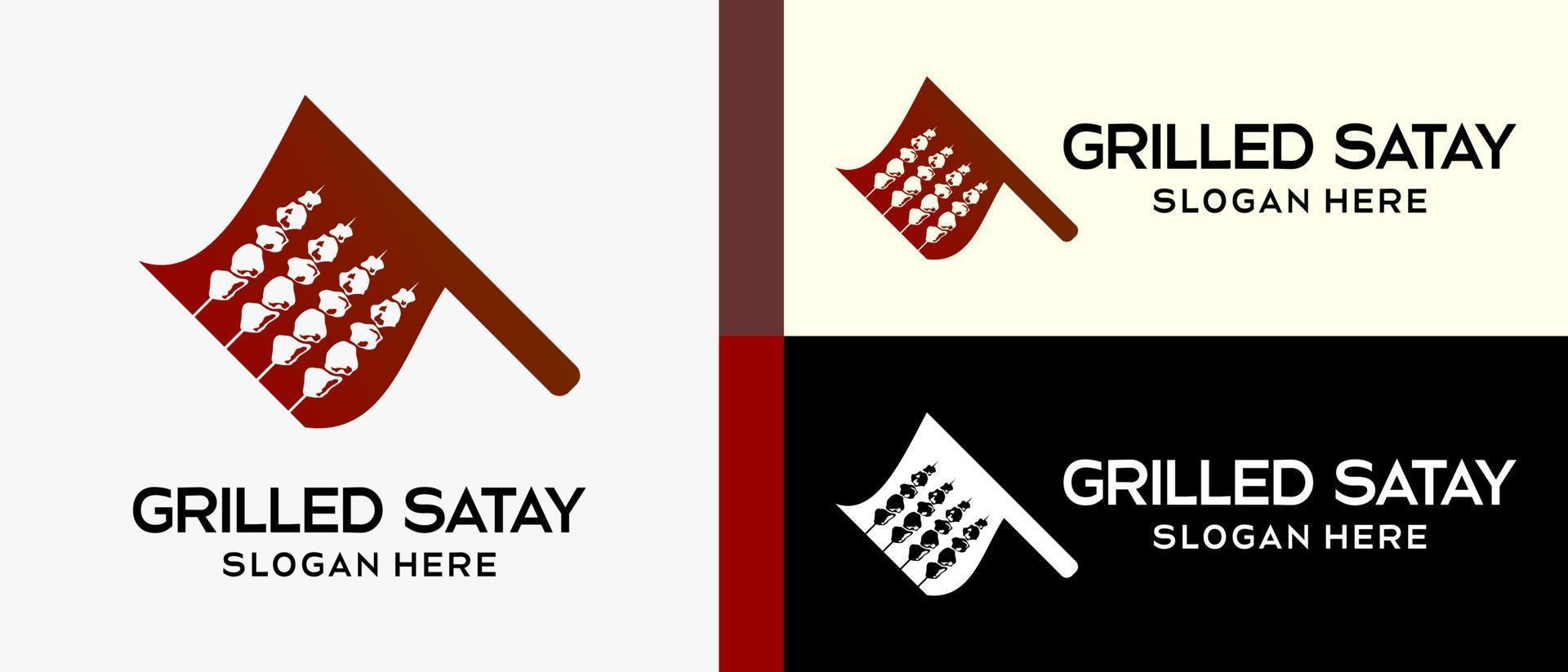 satay logo design template with satay silhouette concept in hand fan icon. creative vector logo illustration.