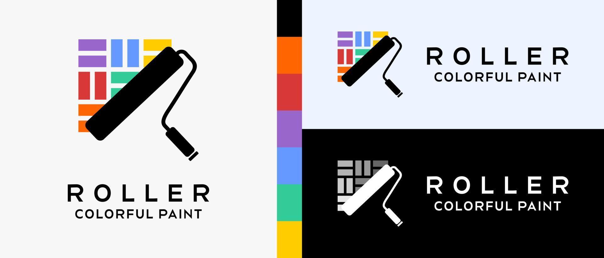 plantilla de diseño de logotipo de pintura de construcción genial. cepillo de rodillo de pintura e icono de ladrillo con el concepto de color del arco iris. ilustración de logotipo para pintura de pared o construcción. vector premium