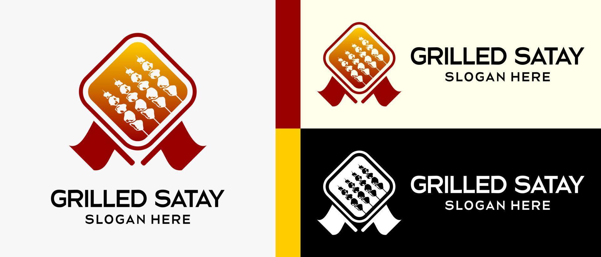 Satay logo design template with satay silhouette concept in rhombus and hand fan icon. creative vector logo illustration.