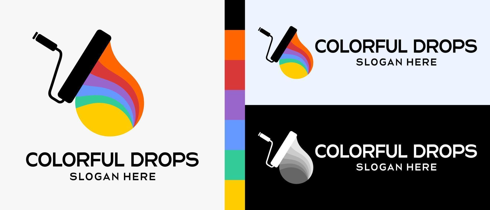 cool building paint logo design template. vector illustration. Roll brush with silhouette and water drop icon with rainbow color concept. logo illustration for wall or building paint. Premium Vector