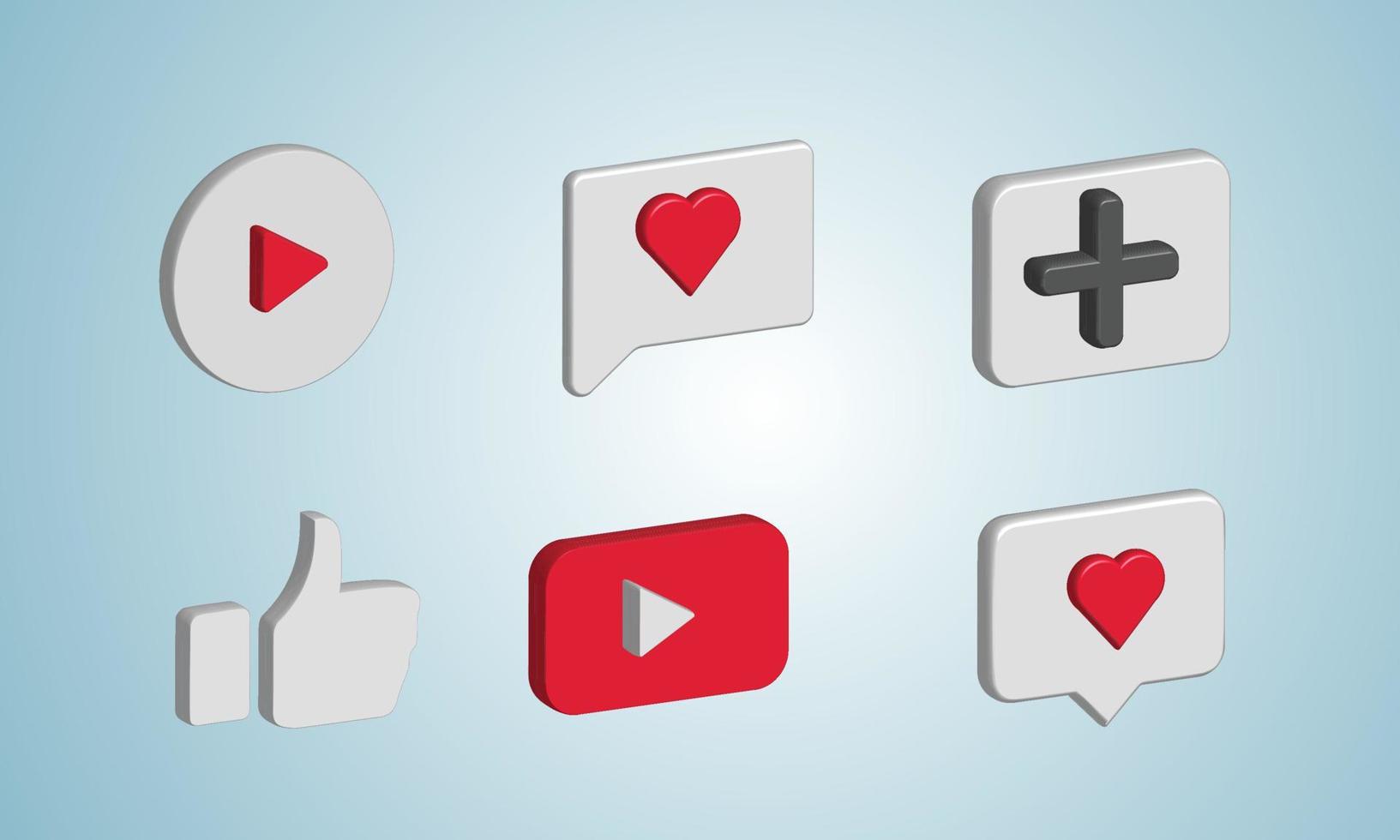 conjunto de vectores 3d de icono de youtube. vector de icono de botón de reproducción. reproducir video logo