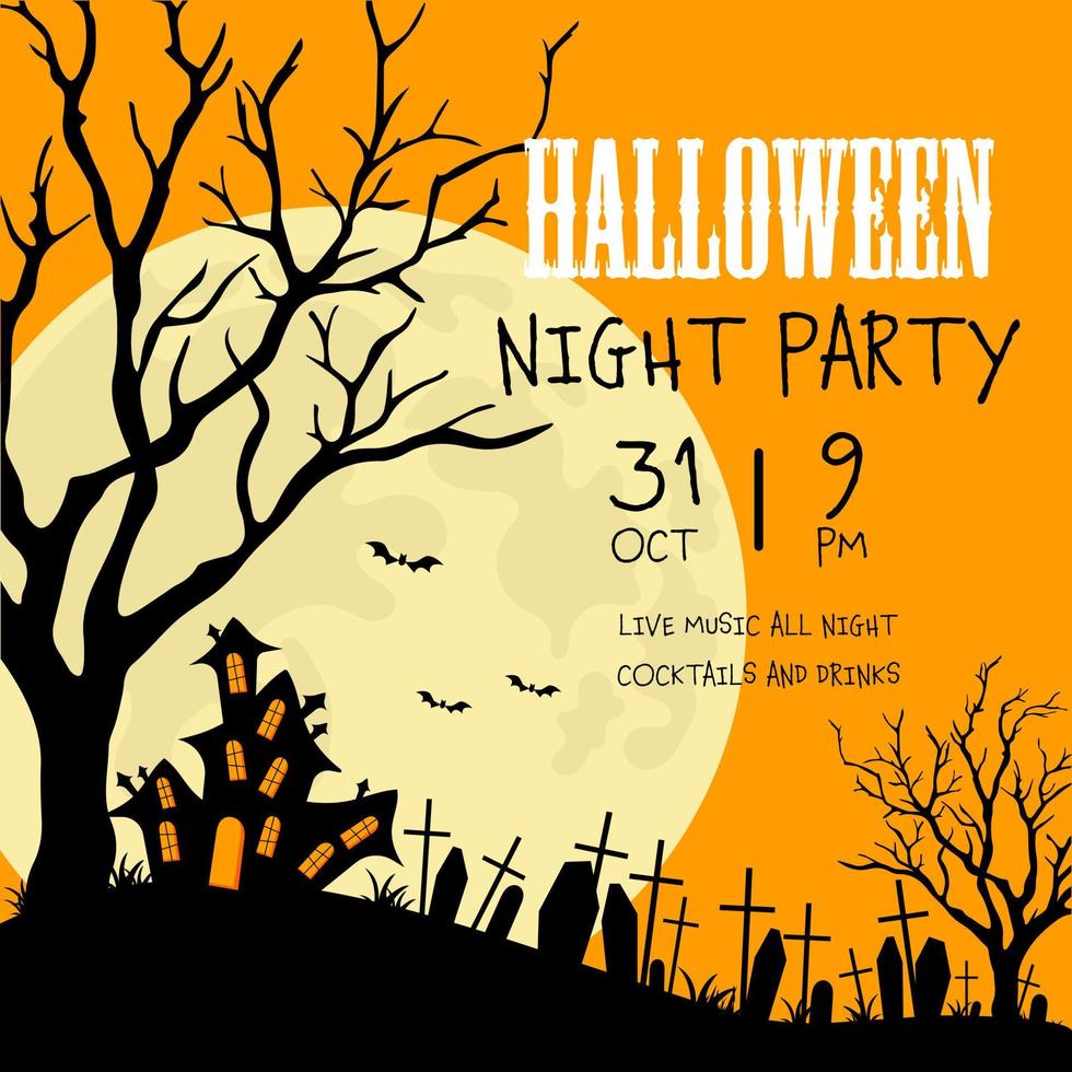 Halloween party banner, poster, invitation or flyer with witch's house, cemetery, grave crosses, flying bats, tree with fallen leaves and giant moon in the orange background. Vector illustration.