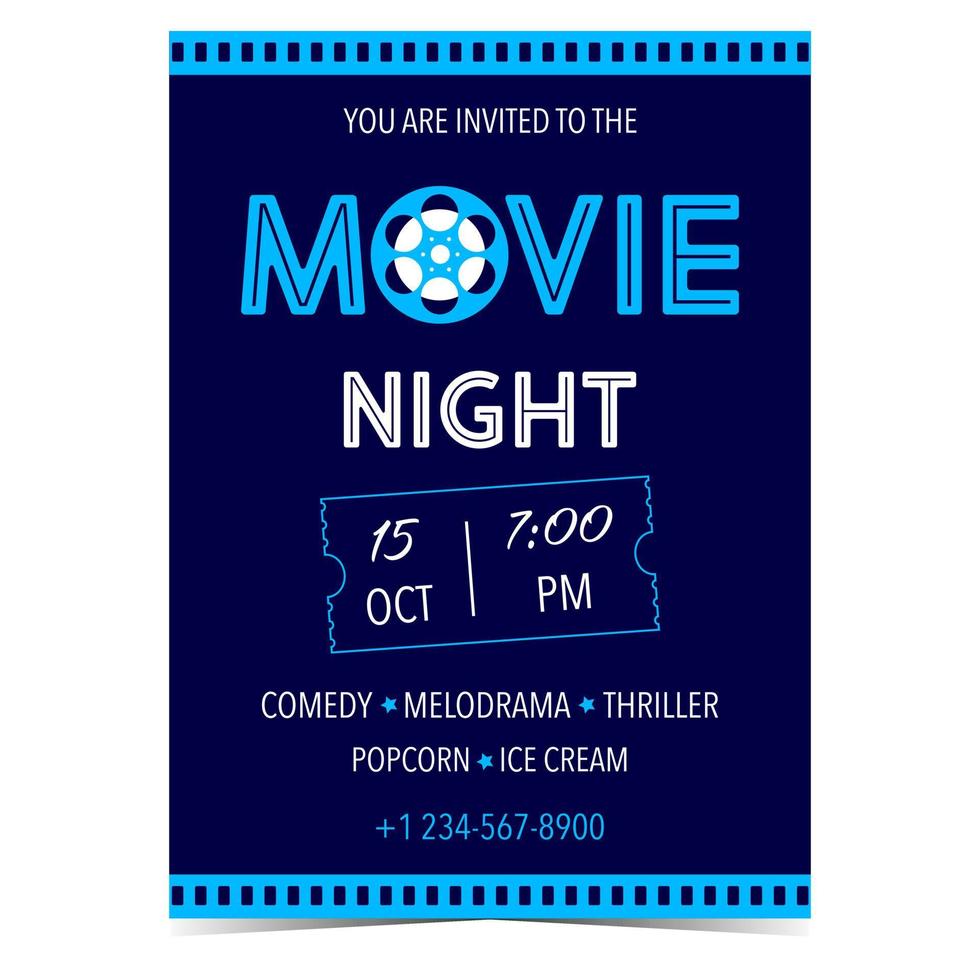 Movie night invitation card, advertisement banner, promo poster, announcement brochure, affiche, flyer or leaflet. Vector illustration for movie event, film festival party, cinema holidays.