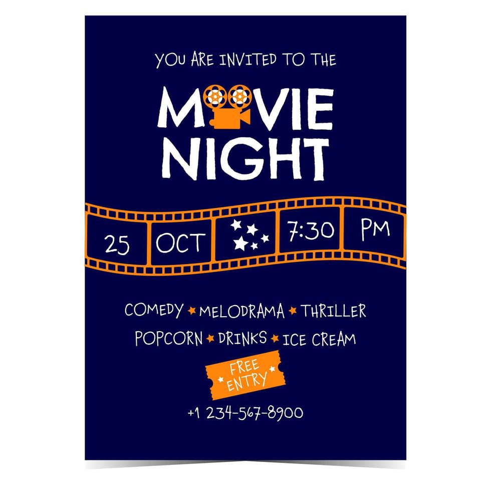 Movie night banner with cinematographic film strip and announcement of cinema event or festival. Vector illustration of movie night party invitation or promo affiche for web and social media posts.