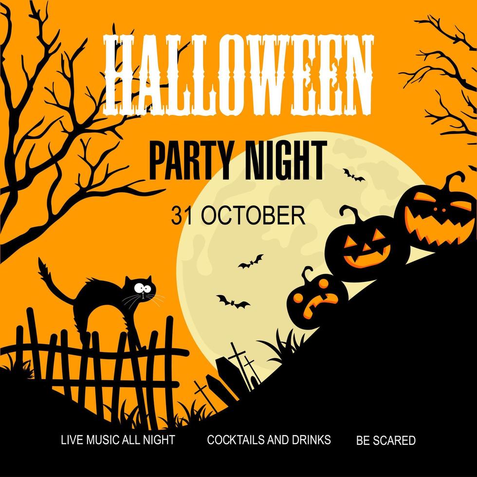 Halloween party night promo banner, poster or invitation flyer for Halloween holiday celebration on October 31. Halloween leaflet design template with faced pumpkins, flying bats and funny scared cat. vector