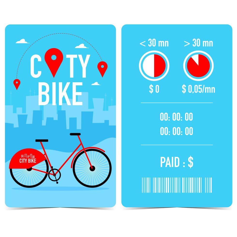 City bike rent or hire quittance, ticket, receipt, claim check or tally with red bicycle on blue city background. City bike docking station terminal ticket with barcode, time and amount to pay. vector