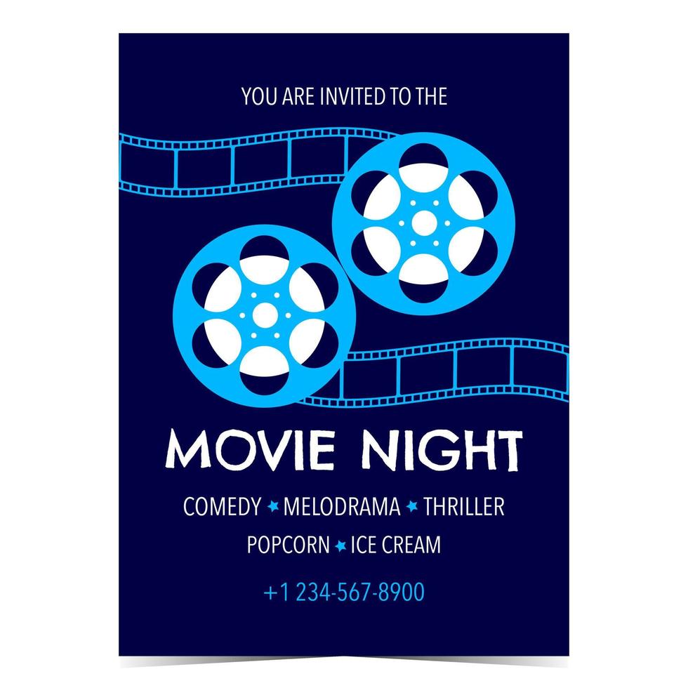 Movie night party invitation poster or announcement banner with cinematographic film strips and film reels. Movie night party advertisement card for film or cinema festival. Flat vector illustration.