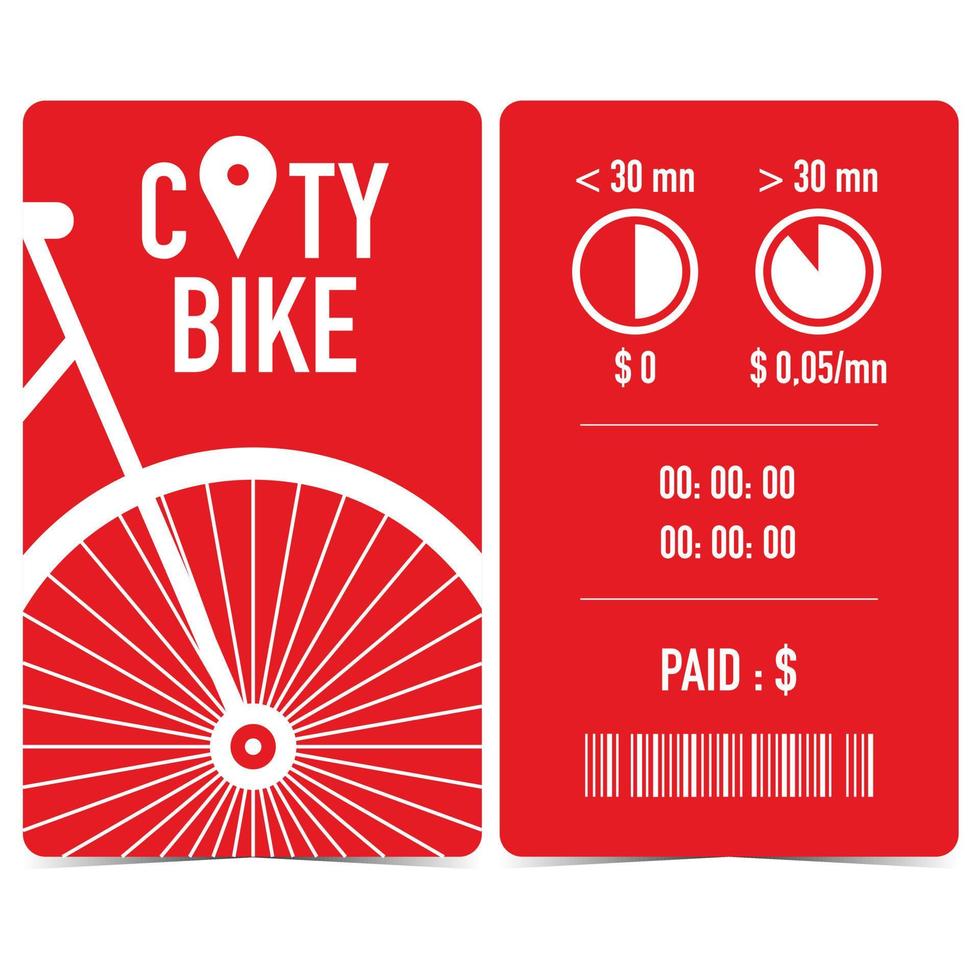 recibo de alquiler de bicicletas de la ciudad, liquidación, boleto o garra con bicicleta blanca sobre fondo rojo, código de barras, tiempo y monto a pagar. billete de alquiler de bicicletas urbanas emitido por la terminal de la estación de atraque después del viaje. vector