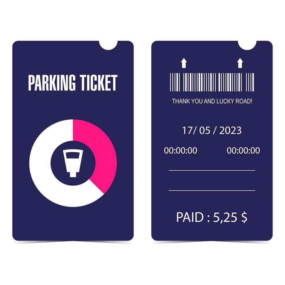 Parking ticket, quittance, receipt or talon with parking meter, bar code, date, time and price. Front and back sides of automatic parking zone quittance or receipt. Vector illustration.