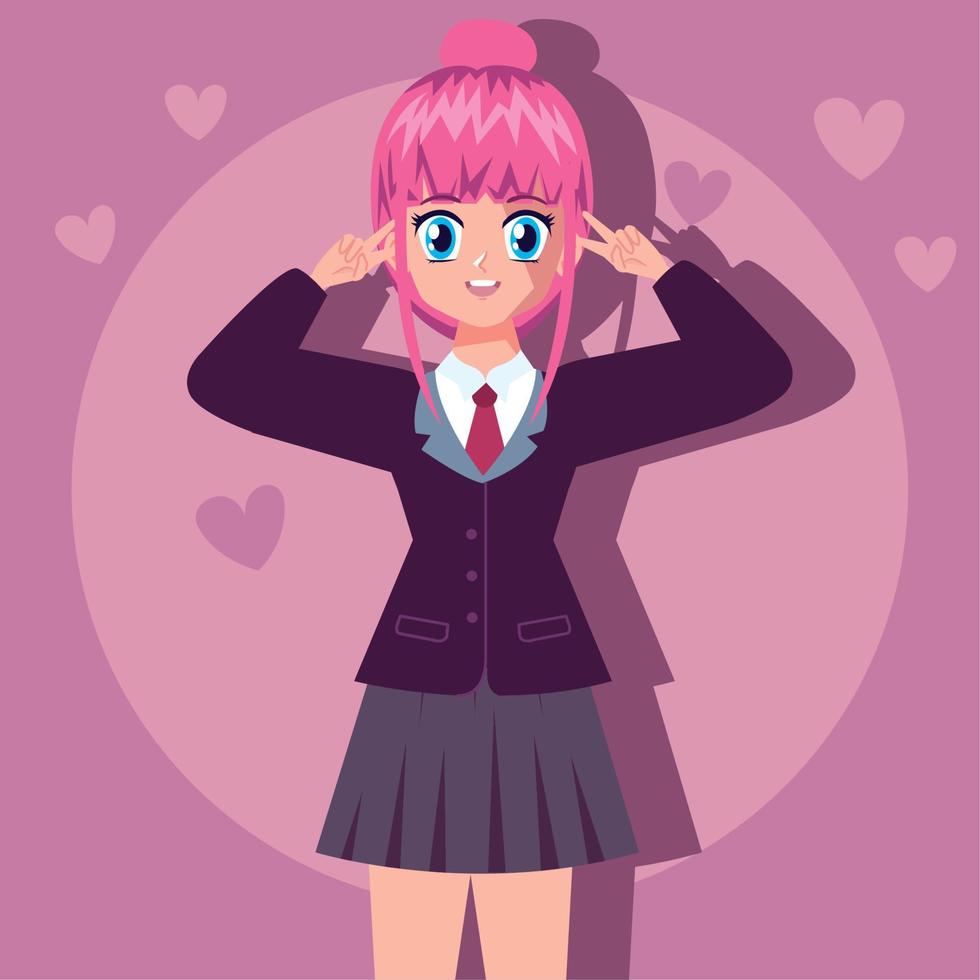 chica anime de pelo rosa con corazones vector