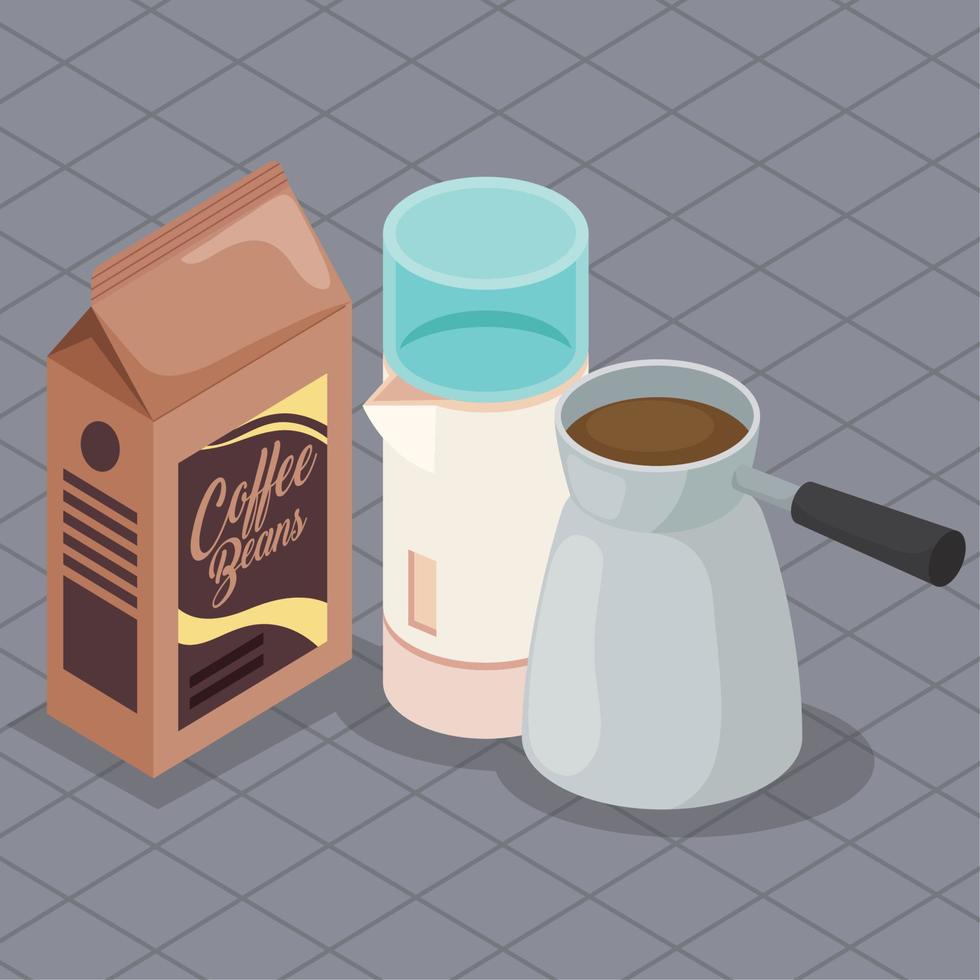 bolsa de café y tetera vector