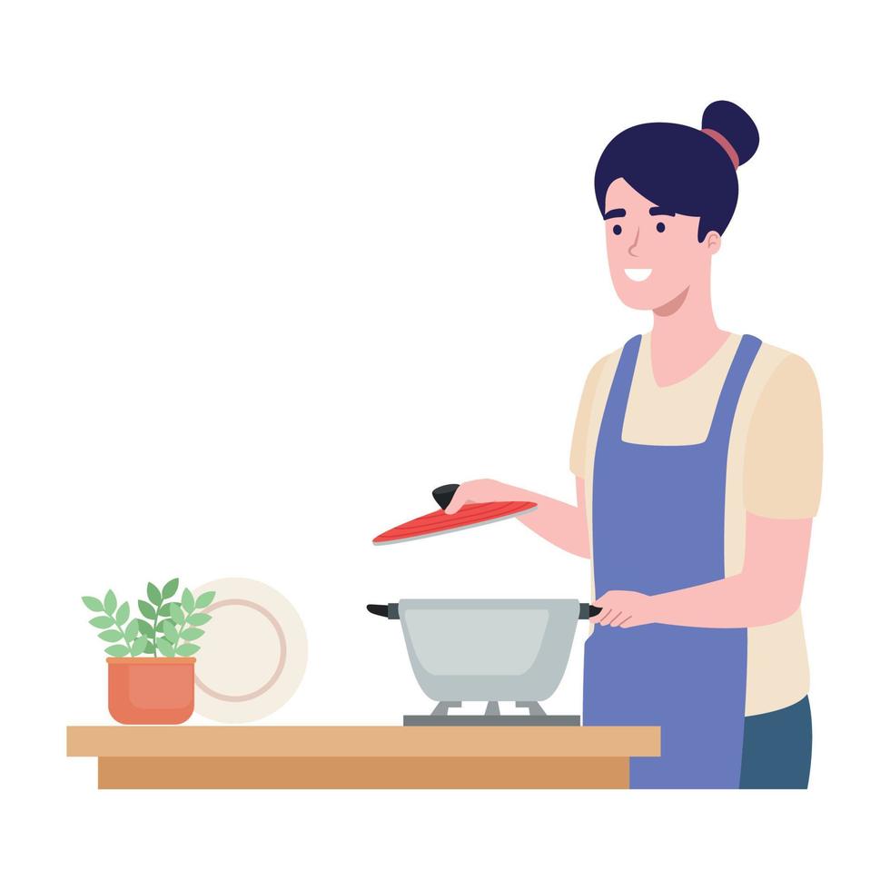 mujer cocinando con olla vector