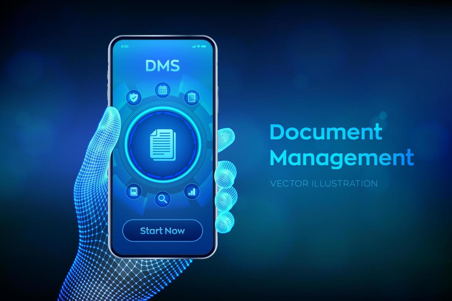 DMS. Document Management Data System. Corporate data management system. Privacy data protection. Business Internet Technology Concept. Closeup smartphone in wireframe hand. Vector illustration.