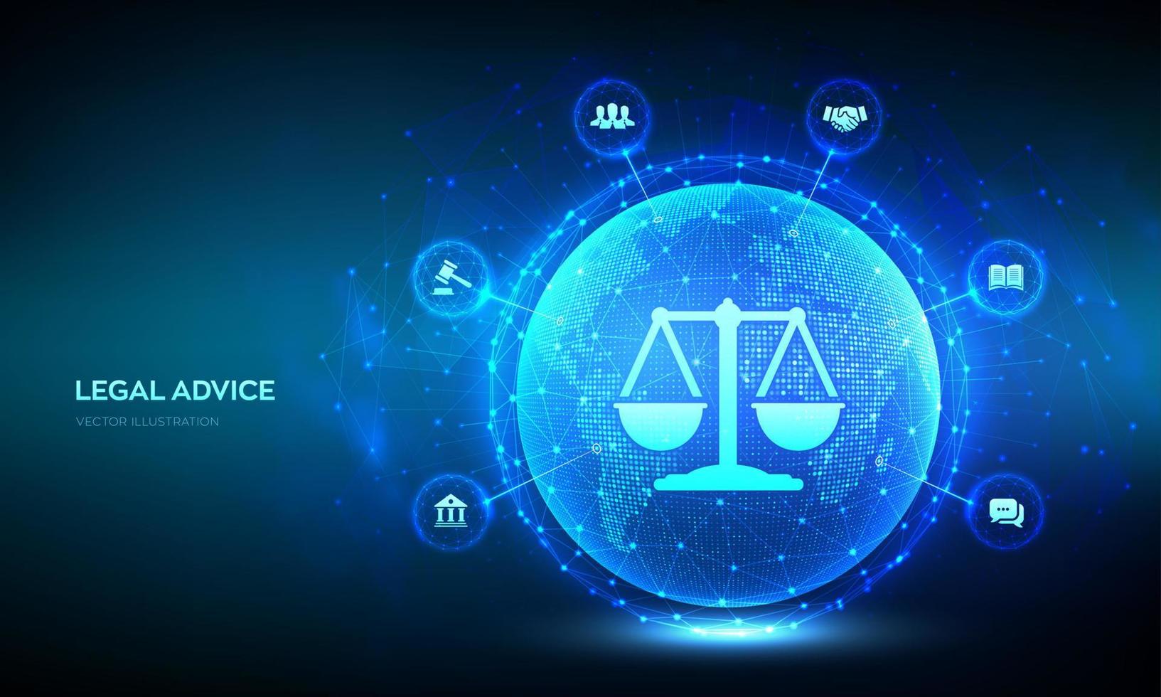 Labor law, Lawyer, Attorney at law, Legal advice concept. Internet law as digital online legal services. World map point and line composition. Abstract Eearth planet globe Vector illustration.