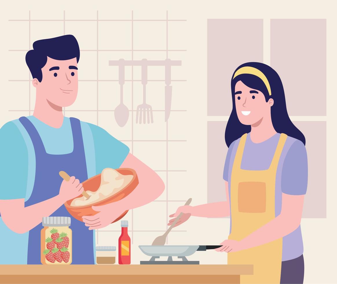 pareja cocinando en la cocina vector