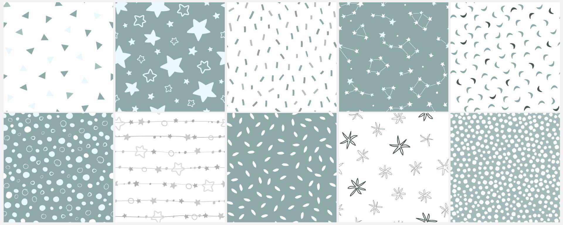 The set is a seamless pattern with simple geometric shapes, stars, constellations, lines, dots. Festive abstract pattern. Vector graphics.
