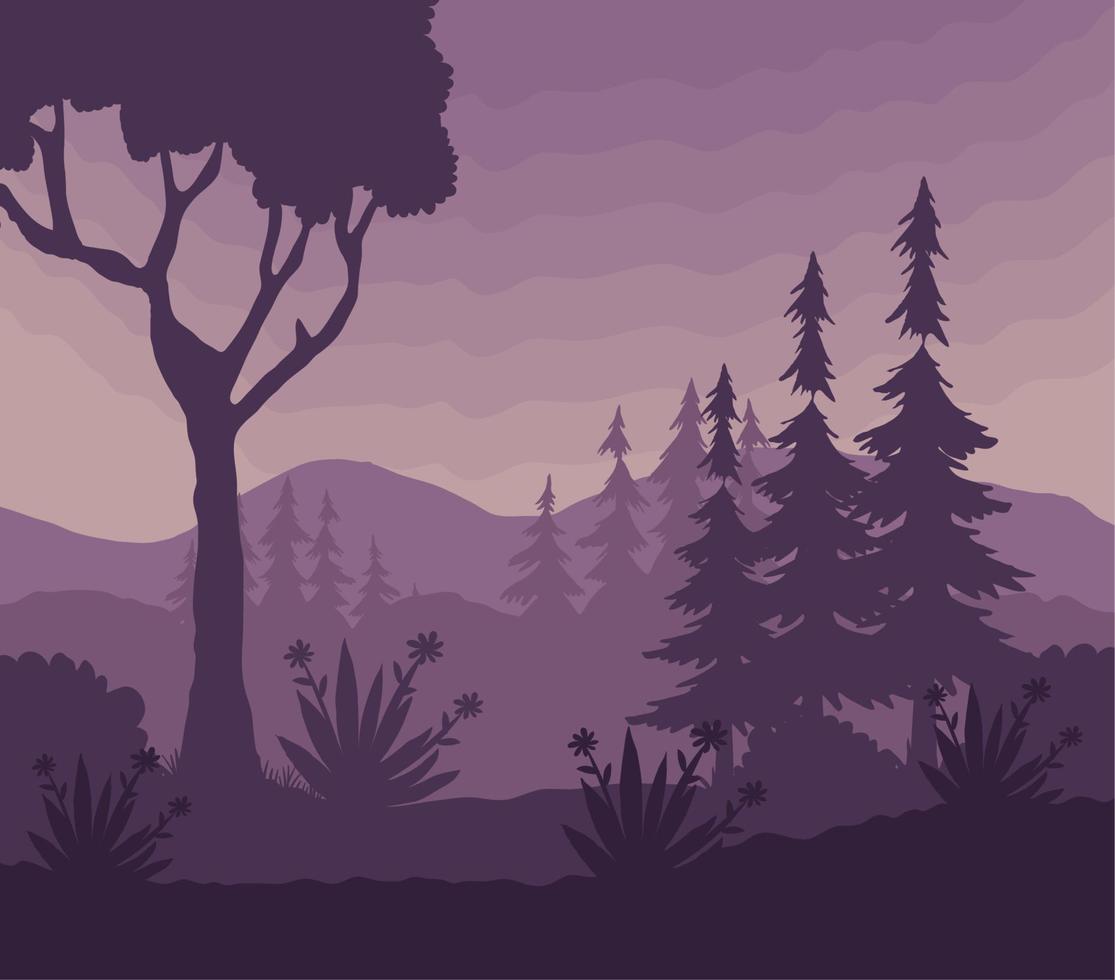 paisaje morado con arboles vector