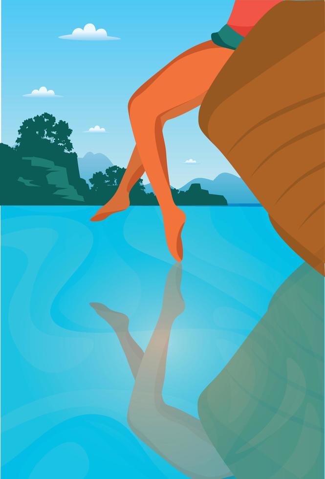 Vector summer illustration. Girl on a boat in the ocean sea. Vacation tourism. Parts of the body legs. Against the backdrop of greenery and mountains