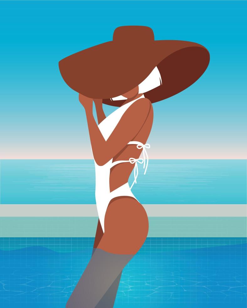 ilustración vectorial de una chica rubia en verano de vacaciones en un gran sombrero con brim y bikini nadando, tomando el sol en la piscina vector