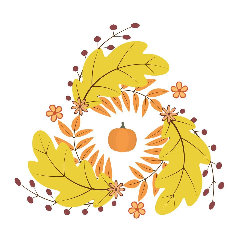 Wreath of colorful autumn leaves, flowers and pumpkin. Fall theme vector illustration. Thanksgiving day greeting card or invitation.
