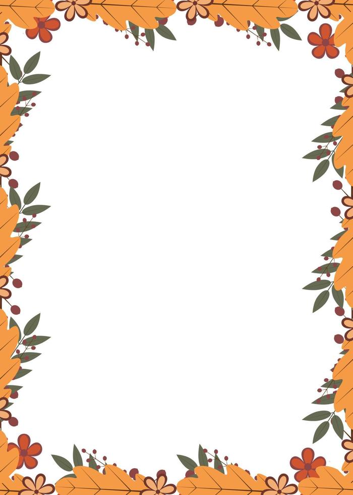 Vertical frame of colorful autumn leaves and berries. Fall theme vector illustration. Thanksgiving day greeting card or invitation.