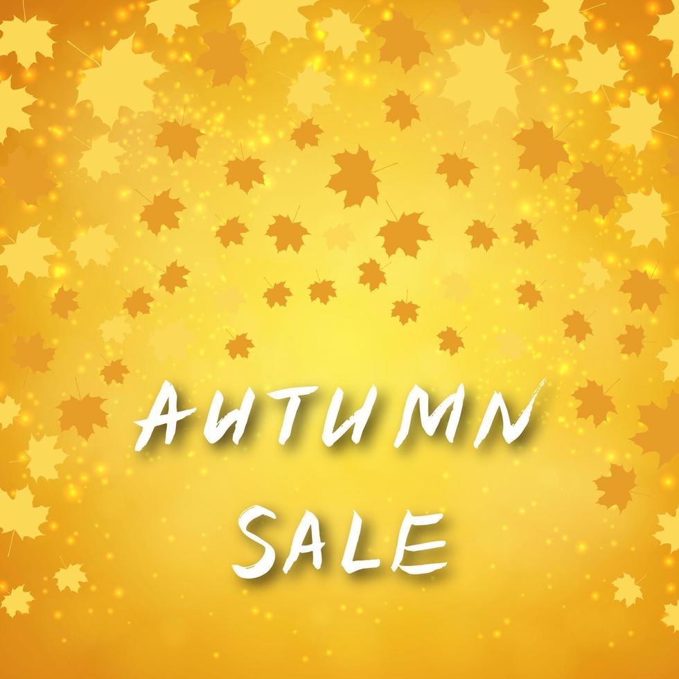 Autumn Sale written on bright yellow background with colorful fall leaves confetti. Rough drawing Grunge style lettering. vector