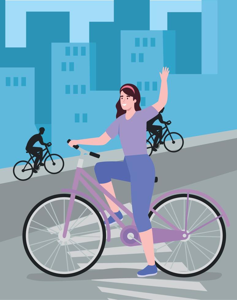 female cyclist and cyclists silhouettes vector