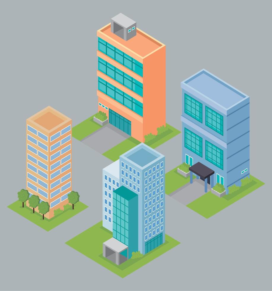 four isometric buildings scene vector