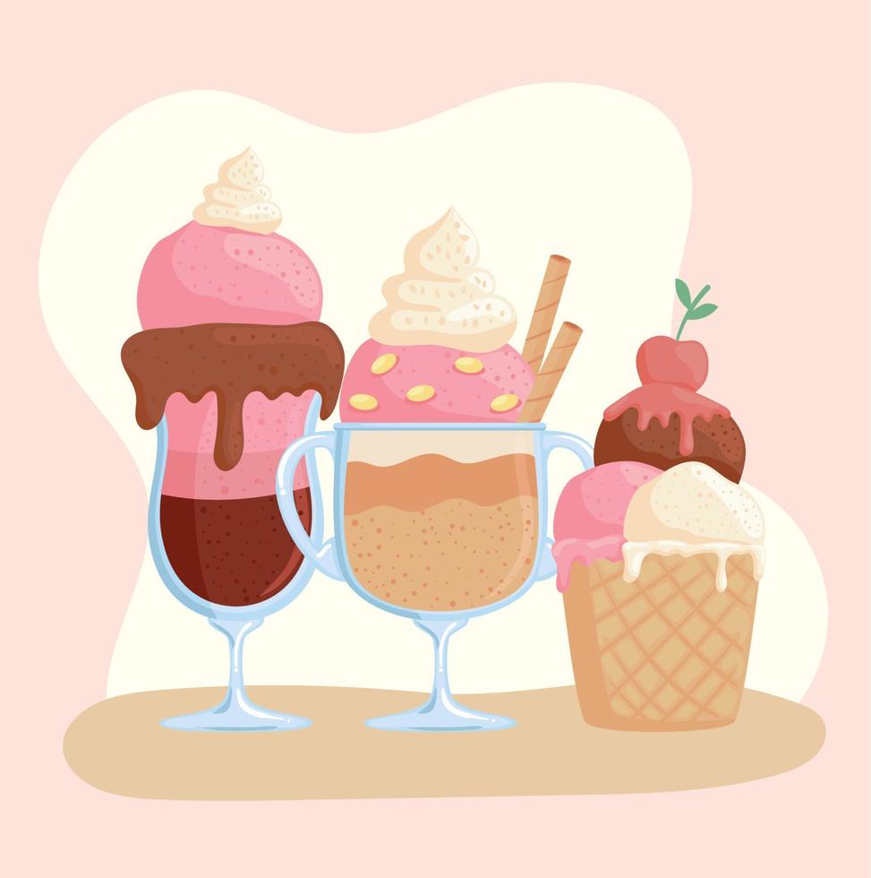 three ice creams products vector