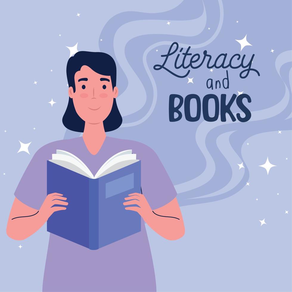 literacy and books lettering vector