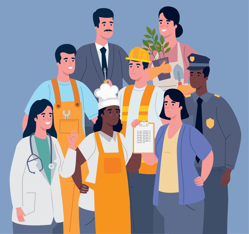 ocho personajes de trabajadores profesionales vector