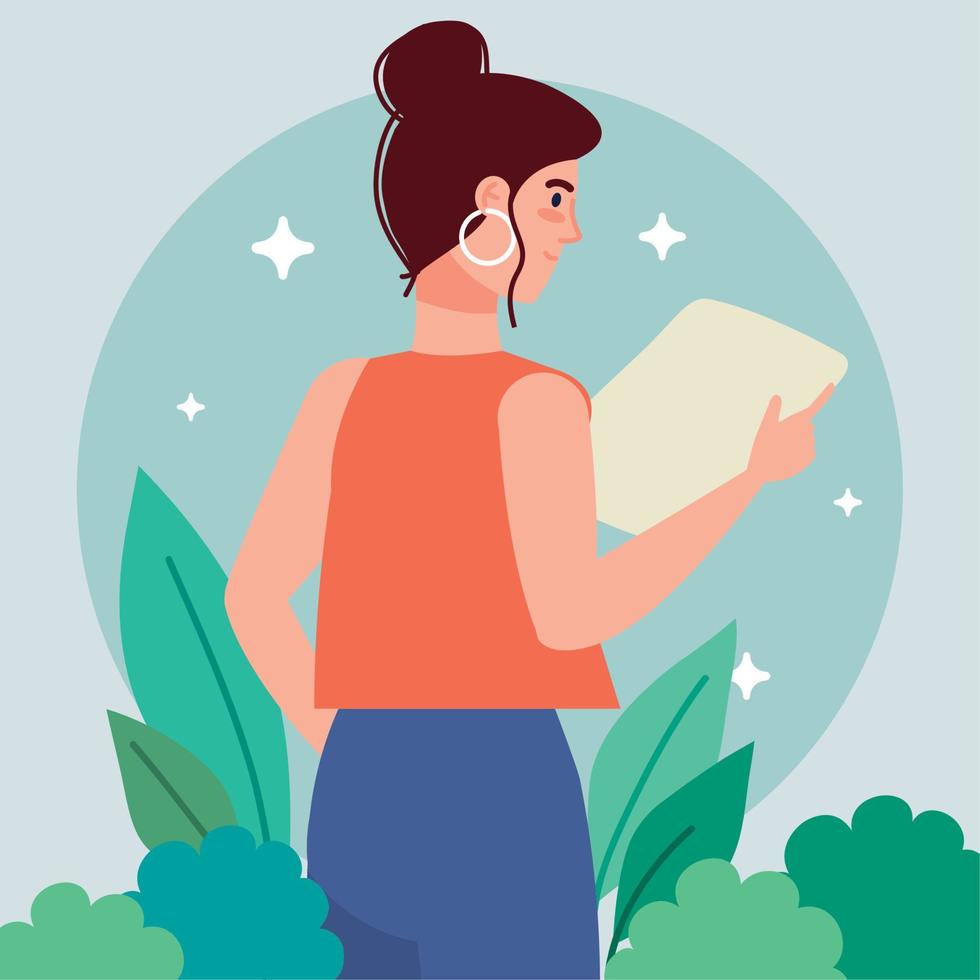 woman standing reading document vector