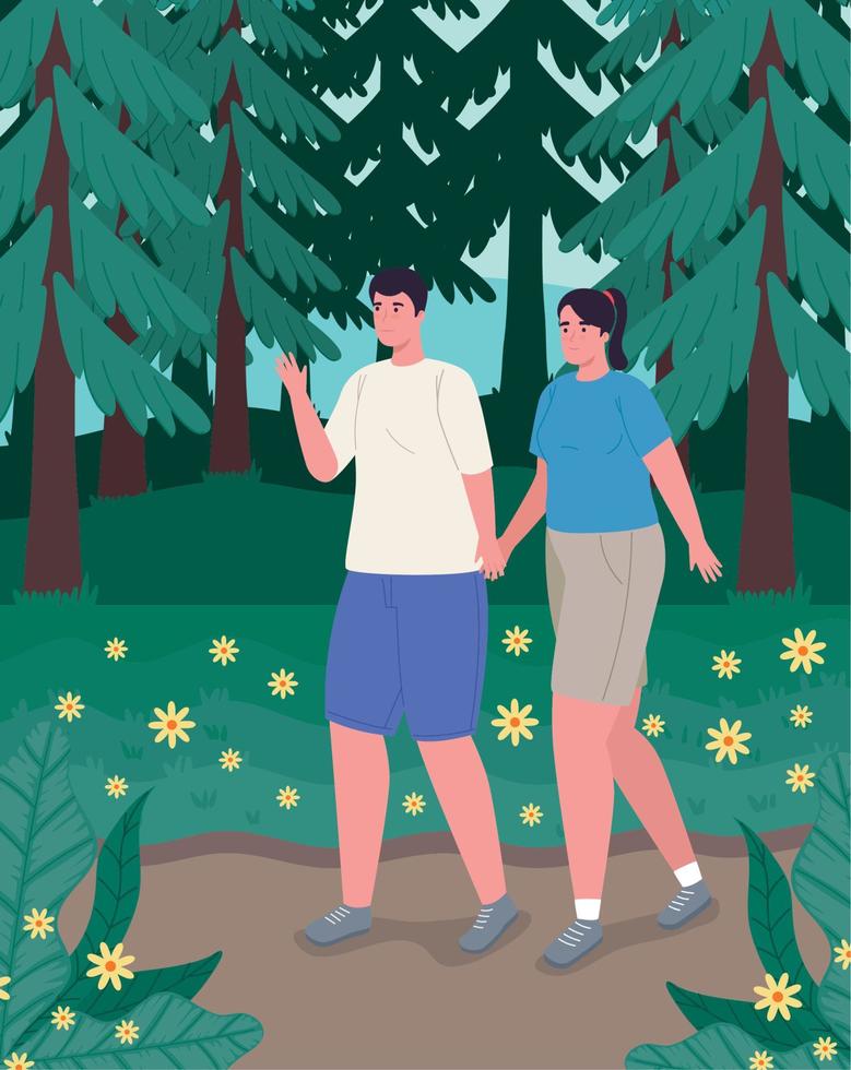 couple walking in the forest vector