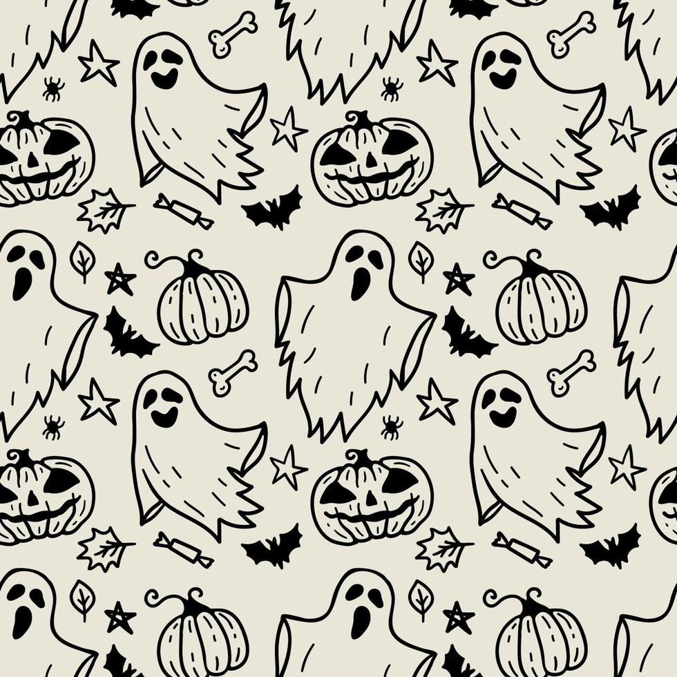 Monochrome seamless pattern of cute little cartoon ghosts on light background. vector