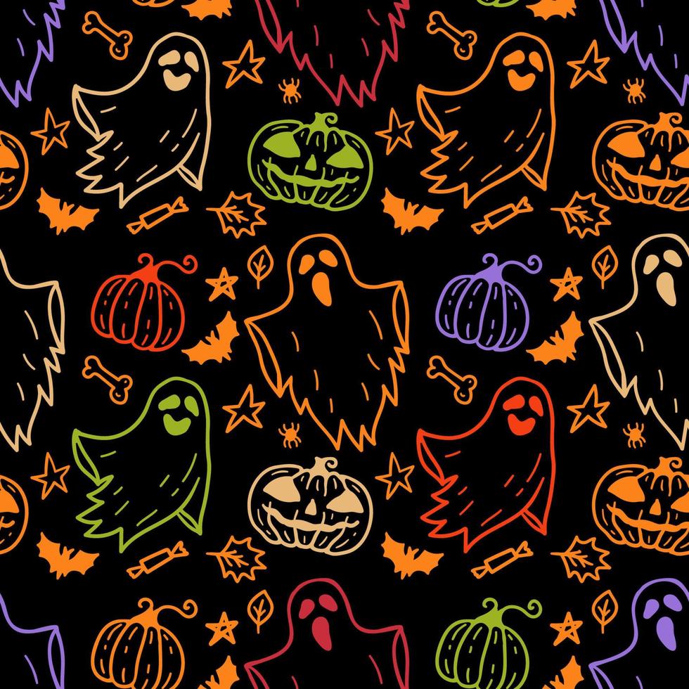 Bright multicolored seamless pattern of cartoon ghosts on black background. vector