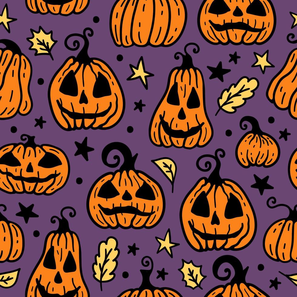 Vector seamless pattern with orange Halloween pumpkin on violet.