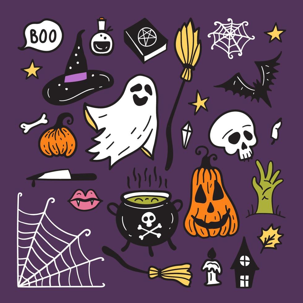 colección brillante de conjunto de bocetos de pegatinas de halloween. gran conjunto de garabatos dibujados a mano. vector