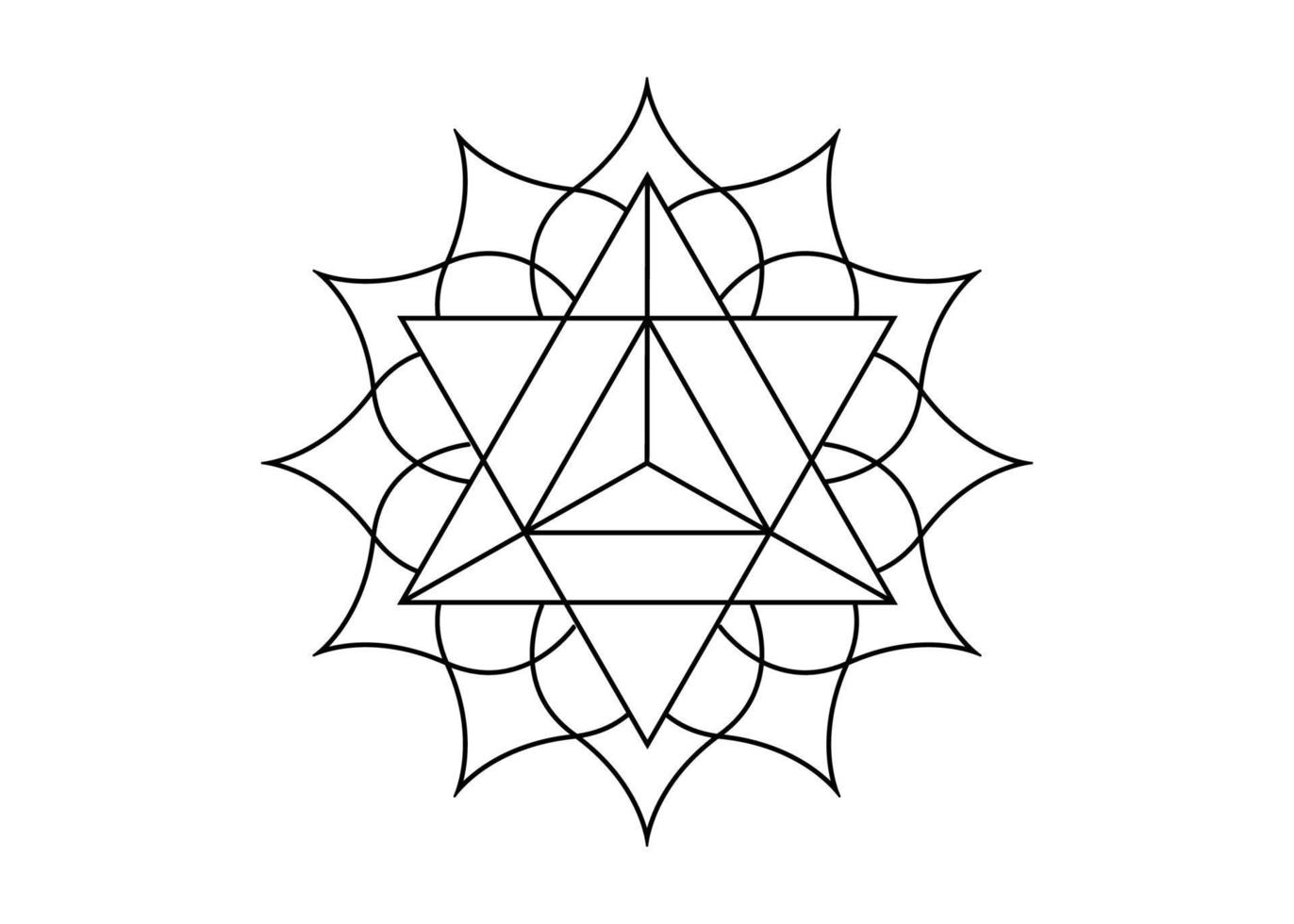 Sacred geometry, mystical symbol of the Merkabah, lotus flower in black tattoo line art, magic logo geometric mandala design, vector isolated on white background