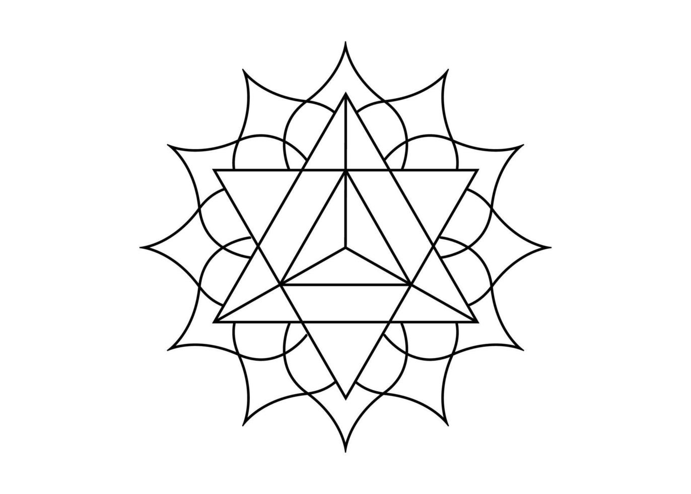 geometría sagrada, símbolo místico de la merkabah, flor de loto en arte de línea de tatuaje negro, diseño de mandala geométrico de logotipo mágico, vector aislado en fondo blanco