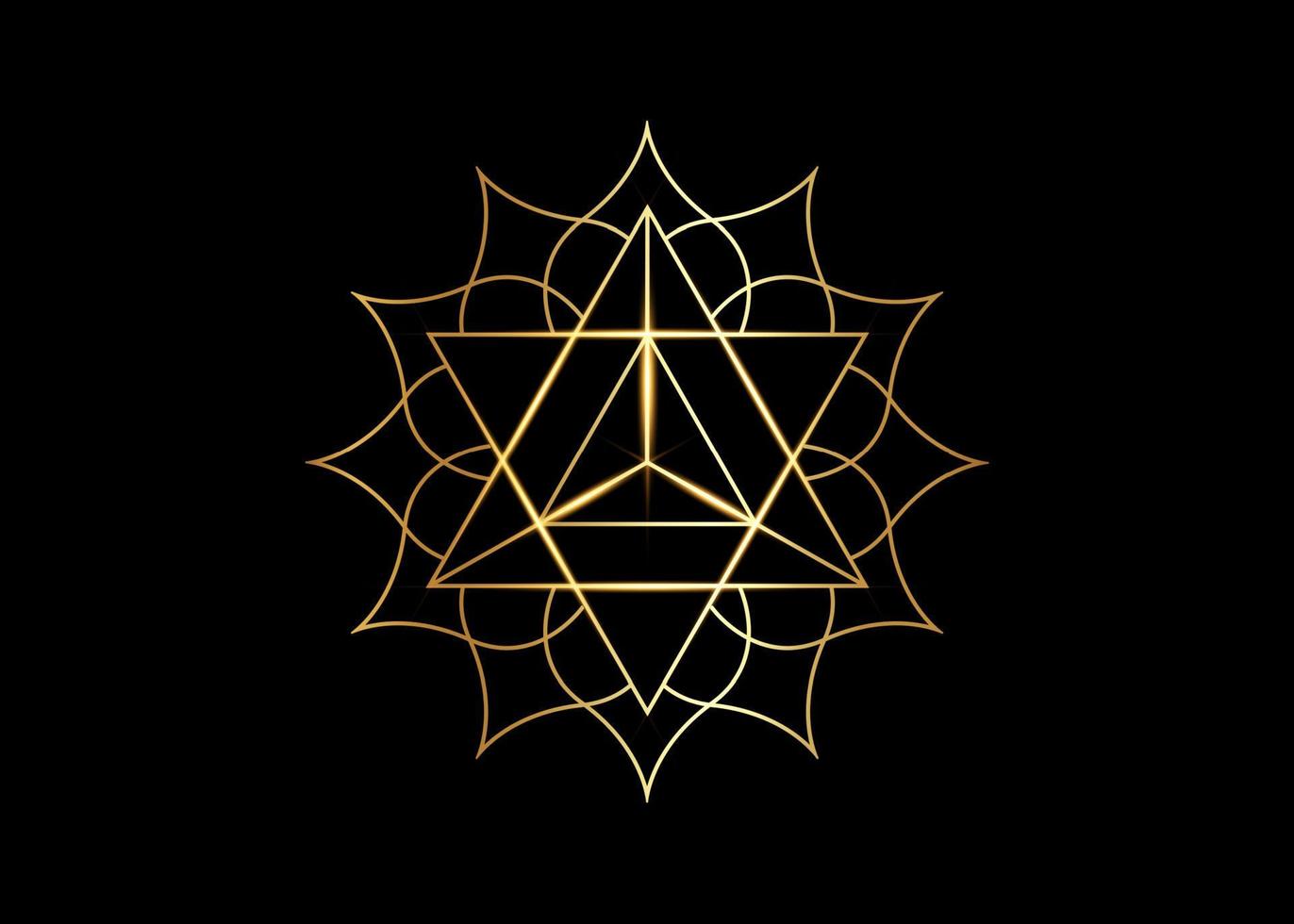 Sacred geometry, mystical symbol of the Merkabah, lotus flower in golden luxury line art, gold magic logo geometric mandala design, vector isolated on black background