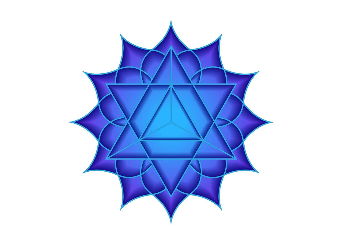 geometría sagrada, símbolo místico de la merkabah, quinto chakra de la garganta, flor de loto en color azul, diseño de mandala geométrica del logotipo mágico, vector aislado en fondo blanco