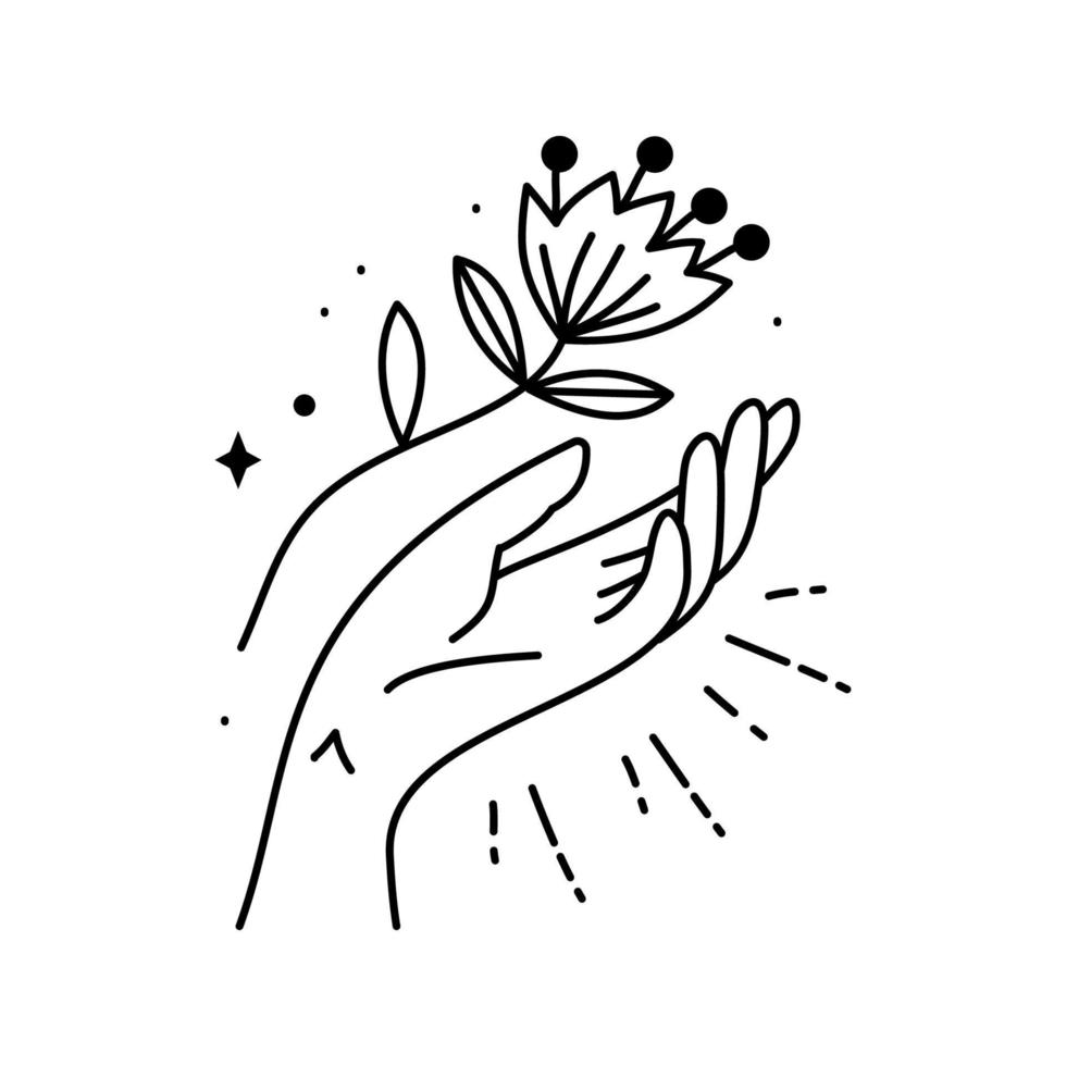 Hand holding a flower. Magic boho symbol. Gypsy sacred element vector