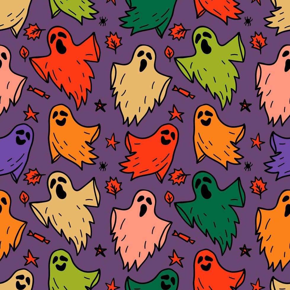 Vector Halloween seamless pattern with cute ghosts on dark